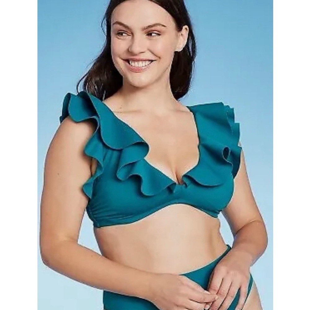 NWT Shade & Shore Womens Ruffle Bralette Bikini Top‎ 36C Teal Beach Feminine